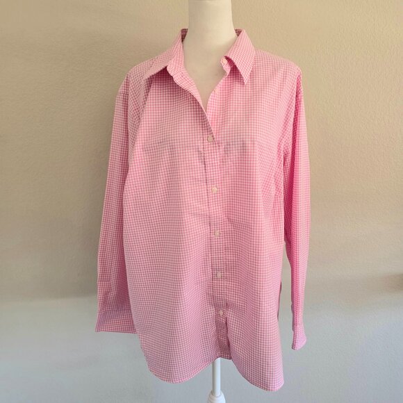 CHAPS No Iron Button Up Shirt Pink White Gingham Check Long Sleeve Women Plus 2X - Picture 1 of 7